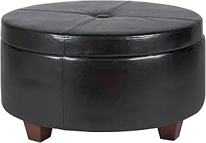 Homepop Home Decor | Upholstered Faux Leather Large Tufted Round Storage Ottoman | Button Top Ottoman with Storage for Living Room & Bedroom | Decorative Home Furniture, Black