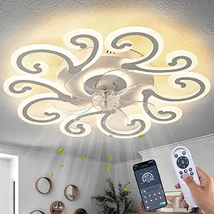 29" White Flower Modern Ceiling Fan with Lights Remote Control, Low Profile Ceiling Fan with Light for Kitchen Bedroom Living Room