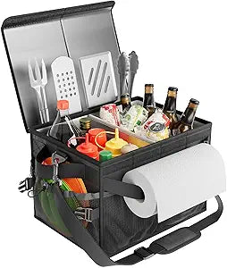 FANGSUN Black Grill Caddy, BBQ Organizer with Lid & Paper Towel Holder, Picnic Griddle Caddy for Outdoor Camping, Barbecue Accessories Organizer, 32L Capacity, Black