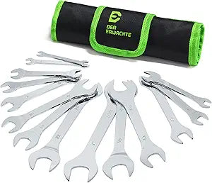 Der Erwachte Super-Thin Open End Wrench Set, 14-Piece SAE & Metric Sizes, 6mm to 24mm, 3/8" to 1-1/16", Ultra-Slim Wrench Set with Mechanic Rolling Pouch