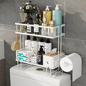 Godboat Bathroom Organizer - Over the Toilet Storage Cabinet, 2-Tier Floating Shelves, Wall Shelf with 2 Hooks & Paper Rack, Cool Accessories & Decor, Gifts for Women, Mothers Day (White)