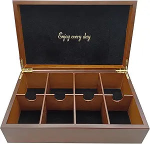 BJOYFUL&LOVED BJL Tea Bag Organizer, Wooden Tea Box with 8 Compartments, Large Capacity Tea Holder for Storage, Decorative Vintage Handmade Tea Container, Walnut Color, without Window Lid