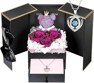 ADDWel Preserved Real Purple Rose Gift Box with 925 Sterling Silver Necklace & Teddy Bear, Romantic Anniversary Birthday Gifts for Wife, Girlfriend, Eternal Rose Jewelry Gift Set for Her