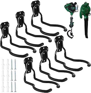 6 Pack Garden Power Tool Hooks String Trimmer Garage Wall Mount Holder Rack Heavy Duty Utility Hangers for String Trimmer Leaf Blower Lawn Equipment Tool Organizers and Storage Accessories