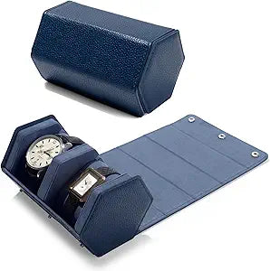 Oirlv Luxury Hexagonal Leather Watch Travel Case Watch Organizer Case for Men Portable Jewelry Storage Roll Organizer(2-Slot,Blue)