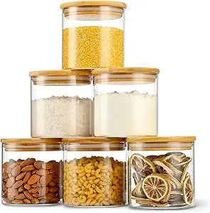 D2scrma 22oz Straight cylindrical Airtight Storage Jars with Bamboo Lid Set of 6 Storage Container Stackable Spice Jar, Kitchen Canister for Sugar, Tea, Cookies and Coffee beans (with Black Lable)