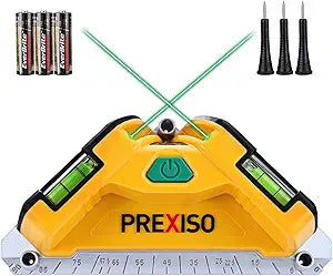PREXISO Square Laser-65Ft Green Beam Floor Tile Laser Level, Tile Laser Line Projection, Angle 90 degree Aluminum Base Magnetic Level Square Built-In 2 Bubble Vials-With 3 Mounting Pins 3AA Batteries