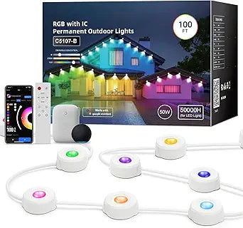Permanent Outdoor Lights for House, 100ft Smart RGBW Eave Light with 72 LEDs, 111 Scenes Modes, IP65 Waterproof, 2700k Warm White, Music Sync Lighting, Compatible with Alexa, Google