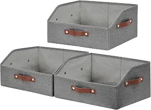 Bagnizer Closet Organizers and Storage, Linen Trapezoid Storage Bins with Handles, Collapsible Shelf Organizer for Blanket, Towel, Clothes, Hats, Purse (Gray)