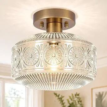 DSMJFU Semi Flush Mount Ceiling Light, Brass Thick Glass Fixture