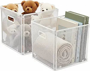 Funnymoom 2 Pcs Foldable Metal Wire Basket 13 x 13 Inch White Cube Storage Bins Stackable Wire Laundry Baskets Organizer with Handle for Shelves Pantry Cabinet File Graduation Gift