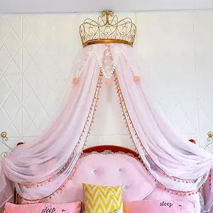 Bed Canopy for Girls, Princess Bed Canopy with Lights & Elegant Metal Crown, Enhances The Charm of Your Child's Bedroom, Serving as Both Mosquito Netting and a Romantic Canopy (Pink)