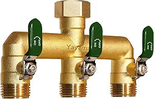 Garden Hose Splitter 3 Way, Heavy-Duty Brass Water Hose Splitter with Shut-Off Valves, Full Flow 3/4-inch GHT Threaded Outdoor Faucet Splitter, Metal Handle with Green Rubber