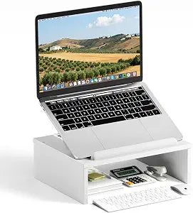 AFOOYO Adjustable Wood Laptop Stand with Storage Space - Notebook Organizer & Ergonomic Computer Riser, Wrist Rest Included, Compatible with 9.8-15'' Laptops (MacBook Air Pro/HP/Dell/Lenovo),White