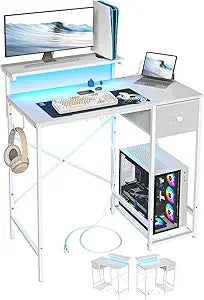 X-cosrack 33.5" Small Computer Desk with Monitor Stand & Outlets, Small Gaming Desk with LED Light & CPU Stand, Teen Study Writing Table with Storage Drawer, Side Hooks for Bedroom, Home Office White