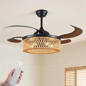 48 Inch Retractable Ceiling Fans with Lights and Remote, Boho Caged Farmhouse Ceiling Fan, Invisible Rattan Fandelier with Reversible 6 Speeds,Timer, Chandelier Fan for Living Room Bedroom Dining Room