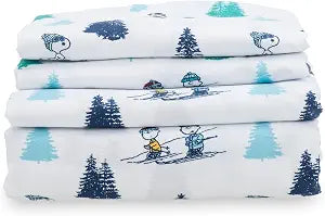 Berkshire Blanket Peanuts Kids Sheet Set King Size - 4 Pieces,Cute Character Snoopy Printed Soft Microfiber Bed Sheets,Snoopy's Winter Wonderland Sheet White-Blue