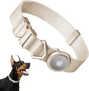 Dog Airtag Collar Adjustable Soft Nylon Lightweight Dog Collar Quick Release with Alloy Buckle, Airtag Holder Case Airtag Dog Collar for Medium Large Dogs (Linen, M)