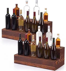 Novabright 2 Pack 2 Tier Solid Wood Liquor Bottle Display Shelf Coffee Syrup Mini Countertop Bar Shelves Tabletop Wine Rack Home Bar Organizer Stand for Liquor Whiskey Spirits Syrup Storage