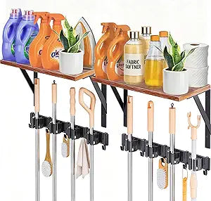 2Pack Broom Holder Wall Mount with Organizer Shelf, Space-Saving Broom and Mop Organizer Wall Hanging with 8 Broom Slots 10 Removable Hooks, Laundry Room Shelves for Laundry Room Garage Garden Closet