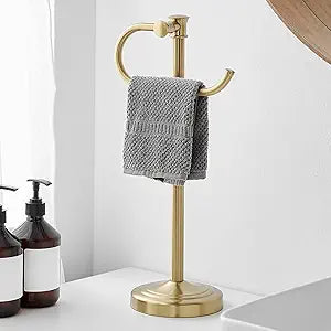 BESy 17 Inch Brushed Gold Stand Towel Bar Hanger Hand Towel Bar Bathroom Vanity Countertop Towel Holder Free Standing Stainless Steel Towel Ring Hardware Accessories Towel Rack