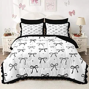 WeCozy Bow Comforter Set Twin Size, 5 Pieces Black Bow Ruffle Bedding Set for Girls, Bed in a Bag with 1 Ruffle Pillowcase & 1 Sham