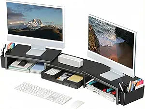 OPNICE Desk Organizers and Accessories, Dual Monitor Stand Riser with Drawer and 2 Pen Holders, Desk Shelf Computer Racks & Printer Stand for Office Workspace Organizers, Desktop Organization (Black)