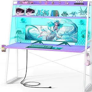 Besiost Gaming Desk with Hutch and LED Lights, Gaming Computer Desk with Power Outlets, Gamer Desk with Storage Shelves, PC Gamings Desk with Pegboards for Bedroom, Carbon Fiber Purple, 49"