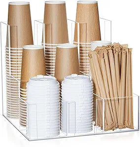 CroBlissful Acrylic Vertical Coffee Cup and Lid Dispenser, Coffee Condiment Organizer, 9 Compartment for Disposable Paper & Plastic Cup, for Cabinet Station Home Countertop Bar 13''l x 13''w x 12''h