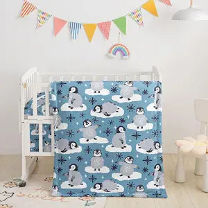 Crib Bedding Set,3pcs Nursery Cartoon Penguin Snowflakes Printed Crib Bedding Set,with Comforter Sheet & Skirt for Baby Boys and Girls(Penguin)