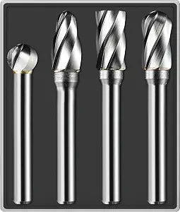 4Pcs Carbide Burr Set 1/4 Shank Aluminum Cut (Wide-Flute Cut) Die Grinder Bits Rotary Tools Attachment Kit Rasp File Accessories Metal Wood Stone Steel Grinding Deburring Cutting Porting Carving