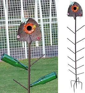 57" HMetal Bird House and Wine Bottle Tree, 2 in 1, Lawn Ornaments for Outside,As Garden Yard Decoration for Exterior Party Landscape Decoration