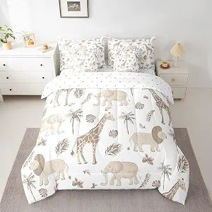 Feelyou Kids Jungle Animals Comforter Set Twin Size Elephant Lion Giraffe Bedding Sets Boys Teens African Safari Animal Bed in a Bag with 2 Pillowcases,Brown