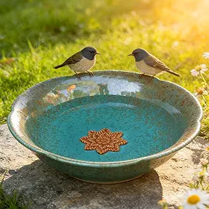 10" W Ceramic Bird Bath Bowl with Flower Decor,Outdoor Bird Bath & Feeder for Backyard, Garden,Patio,Deck.