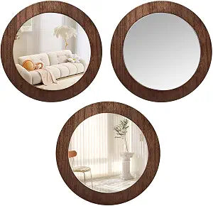 3 PCS Wood Wall Acrylic Mirrors Decor, 8'' Round Rustic Farmhouse Mirror