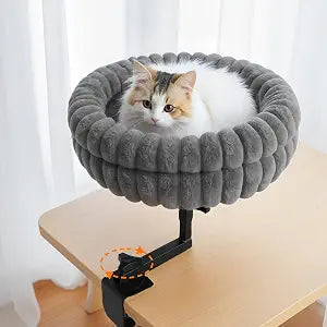 Cat Desk Bed, 360 Rotating and Adjustable Pet Bed, with Soft Mat, Stylish Indoor Cat Nest for Workstations and Game Tables, Grey