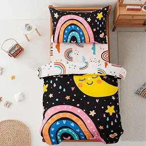Btargot 4 Pieces Ultra Soft Toddler Bedding Set, Cartoon Love Hearts and Rainbow Moon Pattern Comforter Sets for Baby Girls Kids, Black
