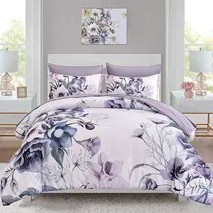 Luxudecor Floral Comforter Set Queen Size 7 Piece, Purple Flower Bed in a Bag, Elegant Floral Comforter with Sheet Set, Soft Microfiber Bedding Set for All Season (Purple, 90"x90")