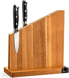 Gourmetop Magnetic Knife Holder with Built-in Sharpener, 100% Acacia Wood Magnetic Knife Block without Knives, Strong Double-Sided Magnetic Knife Holder for Kitchen Countertop Organization, Light Wood