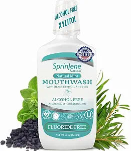 SprinJene Alcohol Free Mouthwash with Xylitol ��� Fluoride Free Natural Mouthwash for Dry Mouth, Whitening & Fresh Breath ��� Patented Black Seed Oil & Zinc Formula ��� Vegan & Made in the USA (1 Pack)