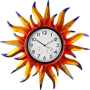 Large Sun Outdoor Clock with Thermometer & Hygrometer Combo, Silent No-Ticking Indoor Outdoor Wall Clock, Waterproof Quartz Clock for Patio,Kitchen, Living Room,Bathroom,Garden25 Inch Violet
