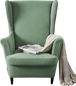MIFXIN Wingback Chair Slipcover 2 Piece Stretch Wing Back Chair Cover with Cushion Cover Soft Washable Armchair Furniture Protector for Living Room Bedroom (Jacquard Green)