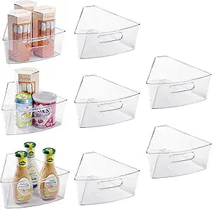 Oubonun Lazy Susan Organizers Set of 8, 10.2x 9.4x 4 Plastic Transparent Kitchen Cabinet Storage Bins with Handle, 4" Deep Container, 1/8 Wedge - Food Safe, without BPA