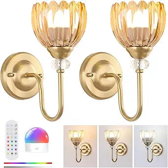 Set of 2 Vintage Battery Operated Wall Sconce, Rechargeable Wall Lamp with 5000mAh Battery & Remote Control, Dimmable Wall Lights with tulip shade for Bedroom Bathroom Living Room, (Tulip Amber Up)