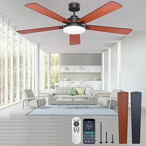 DIAMONDFORGE Ceiling Fans with Lights and Remote Control,Indoor/Outdoor Flush Mount Low Profile Commercial Reversible Dimmable Wood Grain Ceiling Fans for Living Room Patio Industrial Shop, 62 inch