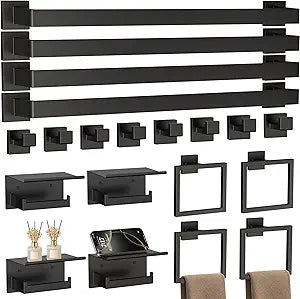 20-Piece 23.6 Inch Matte Black Bathroom Hardware Accessories Set, Bath Towel Bar Set, SUS304 Stainless Steel Toilet Paper Holder with Shelf, Towel Hooks, Towel Rings Wall Mounted