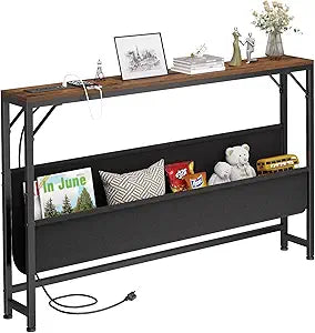 Asgolion Narrow Console Table with Power Outlet, 47.2 Inch Thin Entryway Table with Storage, Long Sofa Side Table, Behind Couch Table for Living Room, Foyer, Hallway, Rustic Brown