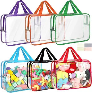 6 Packs Toy Storage Bags with Labels, 11.8x8.7x3.9In Large PVC Reusable Clear Board Game Storage with Zipper, Travel Waterproof Organizer Bags for Building Blocks, Puzzle, Kids Books, Stationery