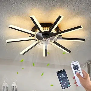 27" Black Straight Strip Ceiling Fan with Lights Remote Control, 3 Colors 6 Speeds Low Profile Ceiling Fan with Light for Kitchen Bedroom