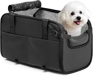 YUDODO Large Dog Car Seat for Center Console (Width9.5in) Fits 10-18lbs, Anti-Slip Puppy Cat Travel Portable Booster Seat, Luxury Pet Car Bed Carseat PU Leather Black